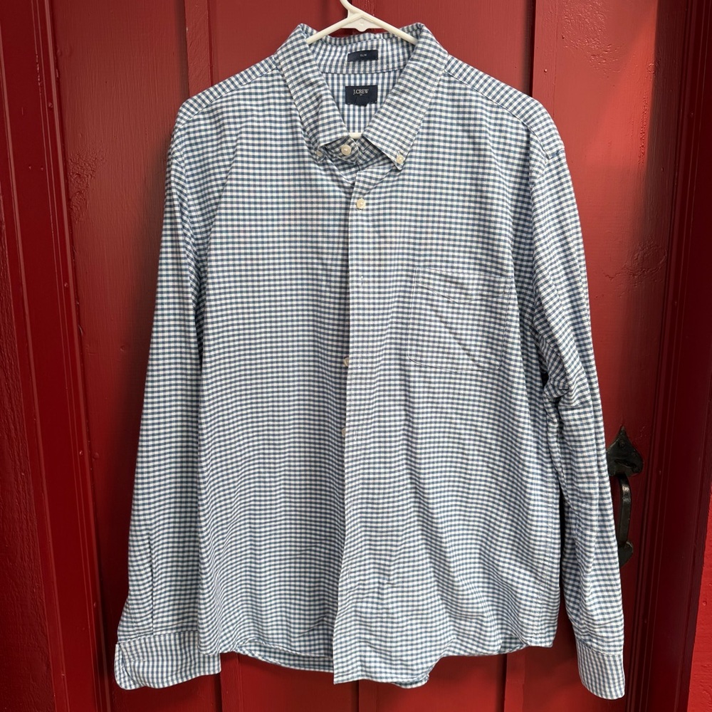 J. Crew Men's Navy and White Gingham Button-Down Shirt